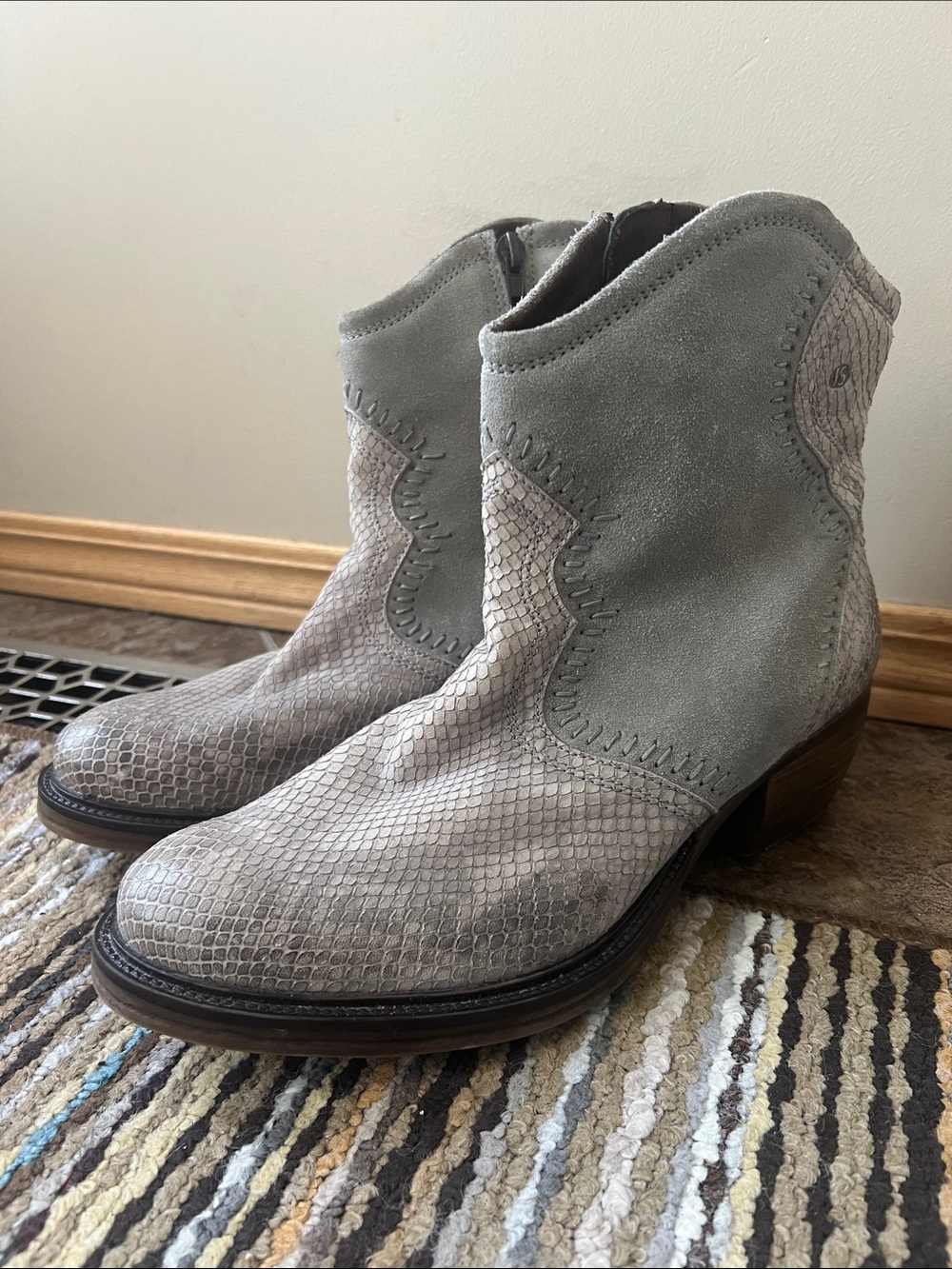 Gray Suede Snake-Texture Ankle Cowboy Boots - Women's